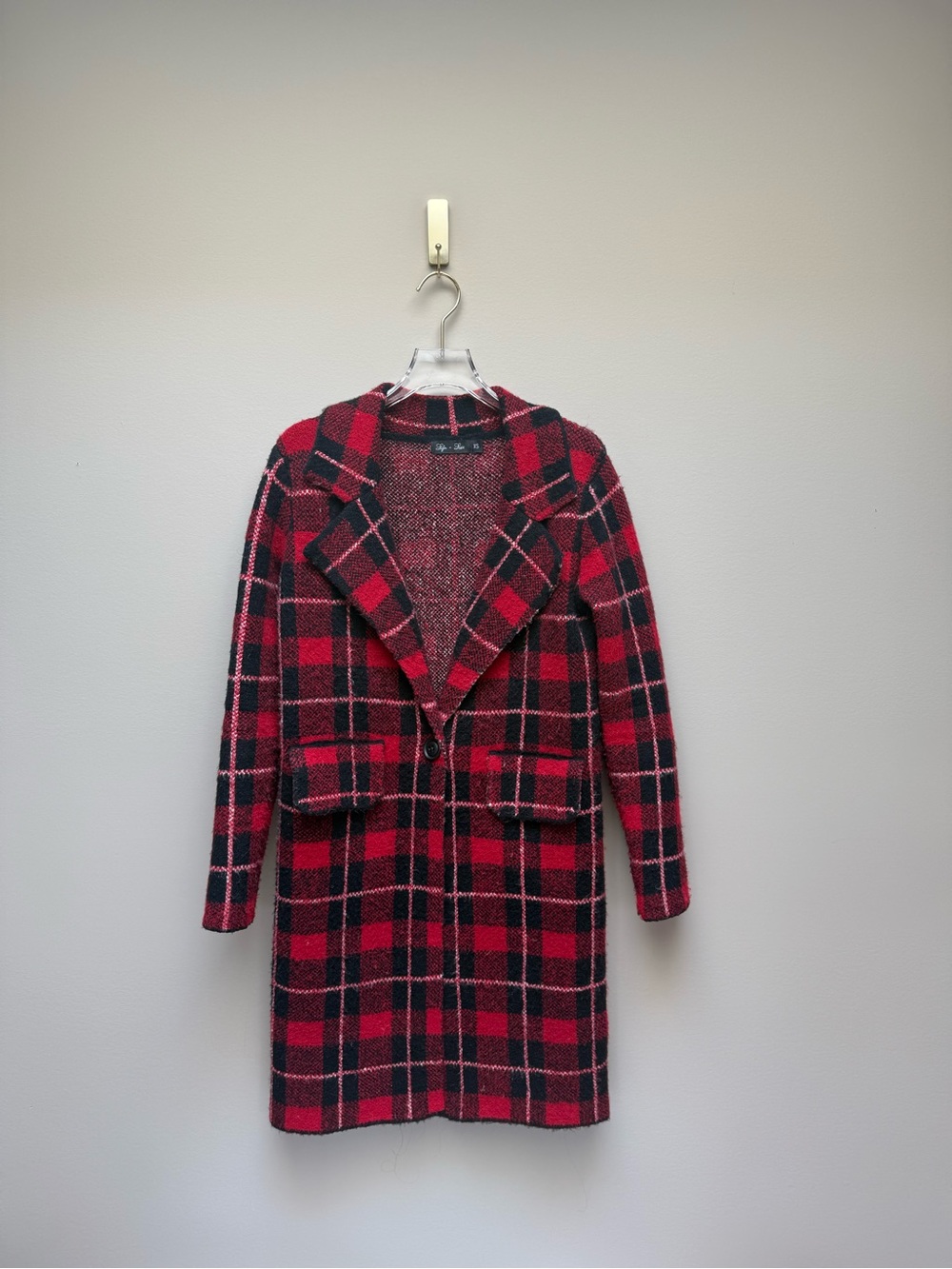 Lyla + Luxe Plaid Longline Sweater Coat | Red Black | XS